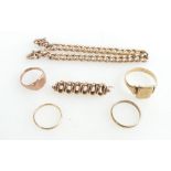 9ct gold jewellery including gold bracelet, brooch & 4 rings, total weight 24.0g.