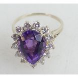 Pear shaped Amethyst and Diamond cluster ring. 13 x diamonds.