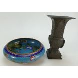 Chinese metal vase, height 20cm and a Cloisonne footed dish,