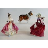 Royal Doulton figure Southern Belle HN2229 Autumn Breezes HN1934 and Collie dog HN1058.