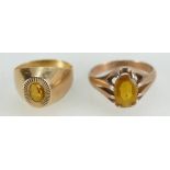 9ct gold gents ring set with orange precious stone, size X and another similar 9ct ring, size T, 8.