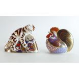 Royal Crown Derby paperweights Bengal Tiger Cub and Cockerel, both with gold stoppers and boxed (2).