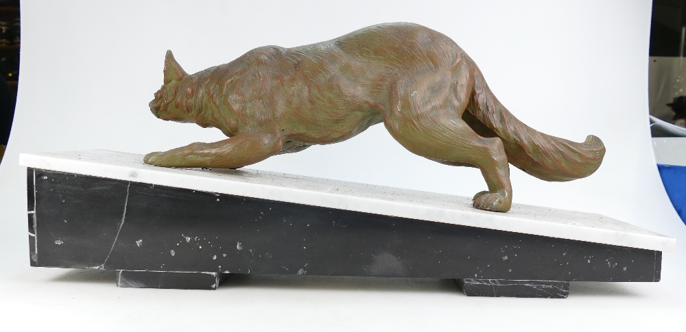 Art Deco bronze figure of a slinking fox on a marble base, length 60 x h27cm. - Image 2 of 2