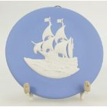 Wedgwood Jasperware Roundell decorated with a Clipper ship by Tom Harper 1959, diameter 12.5cm.
