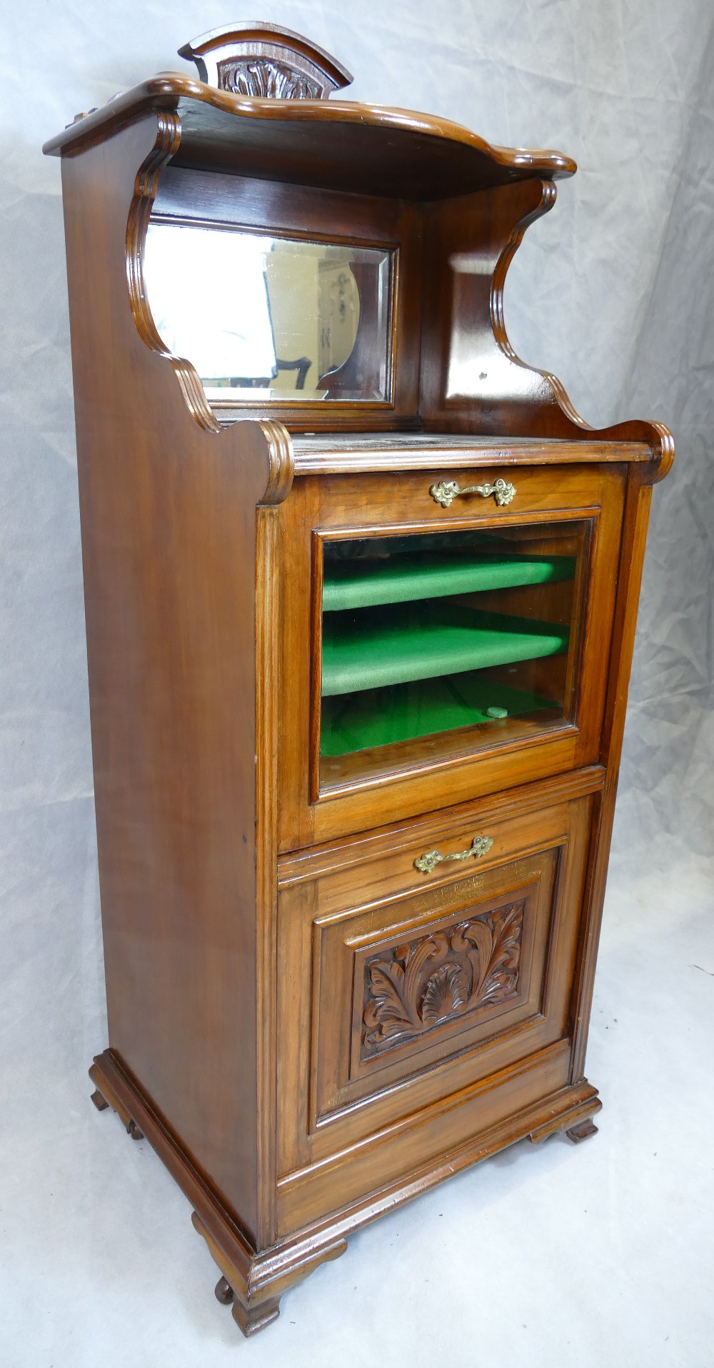 Edwardian walnut carved music cabinet with drop down drawer fronts, originally for sheet music. - Image 2 of 4