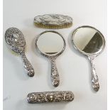 Silver brush set comprising hand mirror with 2 silver backed brushes and Art Nouveau silver hand