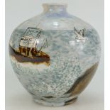 Cobridge Stoneware vase handpainted with fishing trawler and seagulls dated 1999,