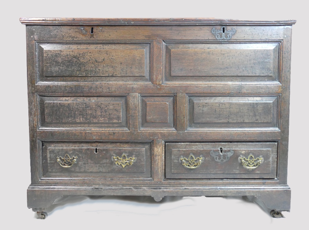 Early 19th century panelled oak two drawer coffer, w115 x d58 x h99cm.