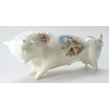 Wedgwood Taurus the Bull decorated with unusual transfers of birds & foliage, length 41cm.