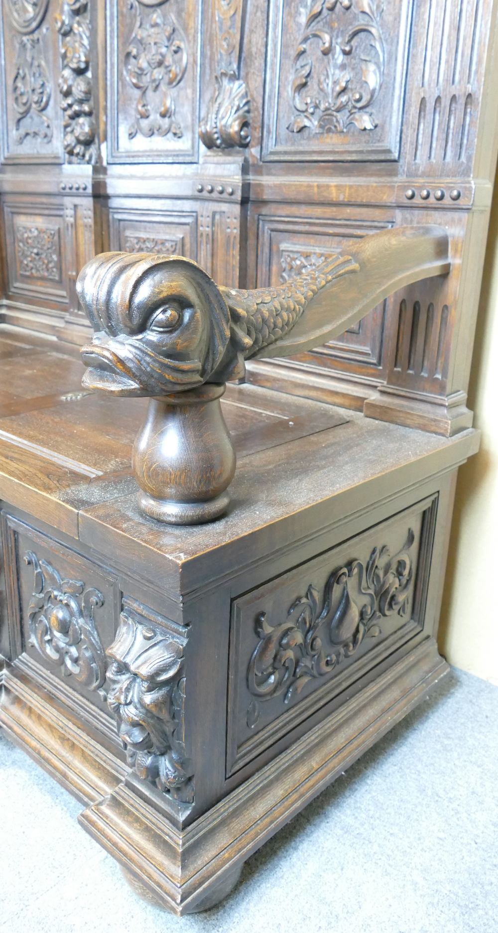 Early 20th century large carved oak double hall seat, length 198cm height 194cm depth 60cm. - Image 5 of 8