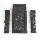 Pair of 17th Cent. wood carvings 35.5cm x 7cm, plus 19th cent. small carved door panel 46 x 22.