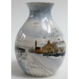 Cobridge Stoneware vase handpainted with winter farmhouse scene, limited edition of 50, height 18.