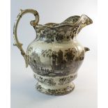 19th century A & Co large brown & white jug with rare scenes of Chain Bridge with ships,