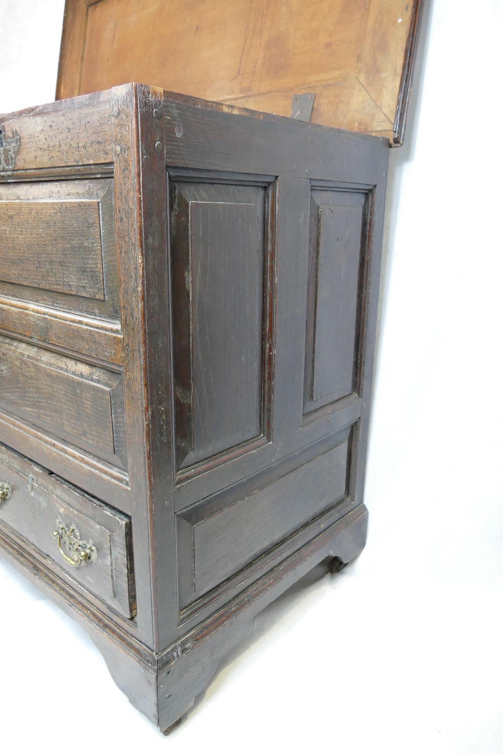 Early 19th century panelled oak two drawer coffer, w115 x d58 x h99cm. - Image 3 of 10