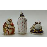 Royal Crown Derby paperweights Monkey and Baby, Frog and Penguin, all factory seconds,