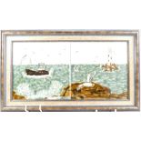 Cobridge Stoneware two tiled wall plaque handpainted with Fishing Trawler and Sea Gulls in a wooden