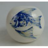 Moorcroft salt glazed round candlestick decorated with Fish design,