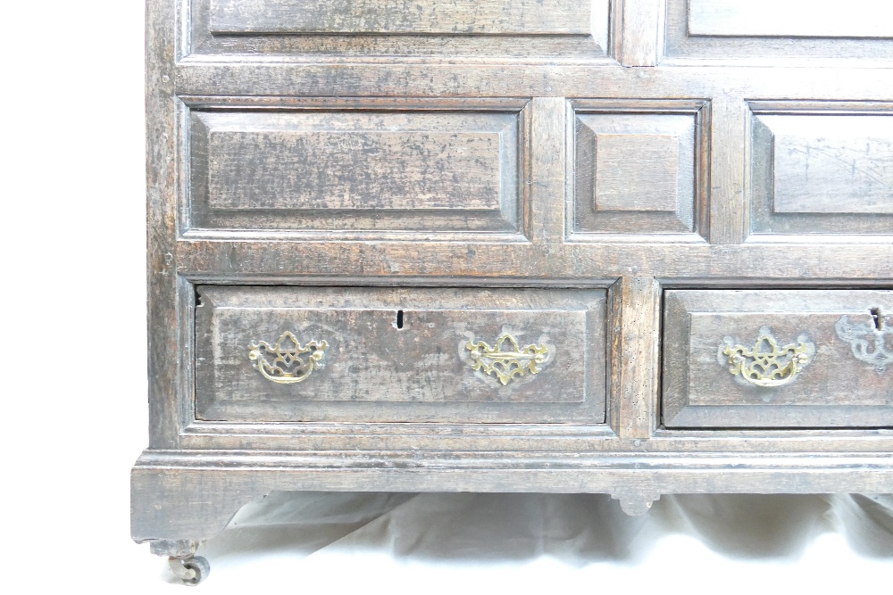Early 19th century panelled oak two drawer coffer, w115 x d58 x h99cm. - Image 10 of 10