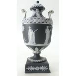 Wedgwood 19th century black & white jasper dip two handled urn & cover,