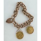 9ct hollow Gold Charm Bracelet with two full sovereigns - Isle of Man 1977 loose mounted sovereign