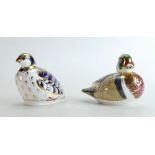 Royal Crown Derby paperweights Red Legged Partridge and Carolina Duck,