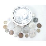 Group of coins including Victorian and George IV Crowns, Victorian silver medallion,