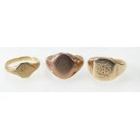 Three 9ct gold signet rings, one pair bearing initials. Gross weight 10.