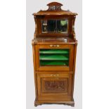 Edwardian walnut carved music cabinet with drop down drawer fronts, originally for sheet music.