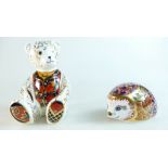 Royal Crown Derby paperweights seated large Teddy Bear and Orchard Hedgehog,