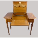 Edwardian oak desk with lift up lid, fitted inside with letter racks, pen trays etc.