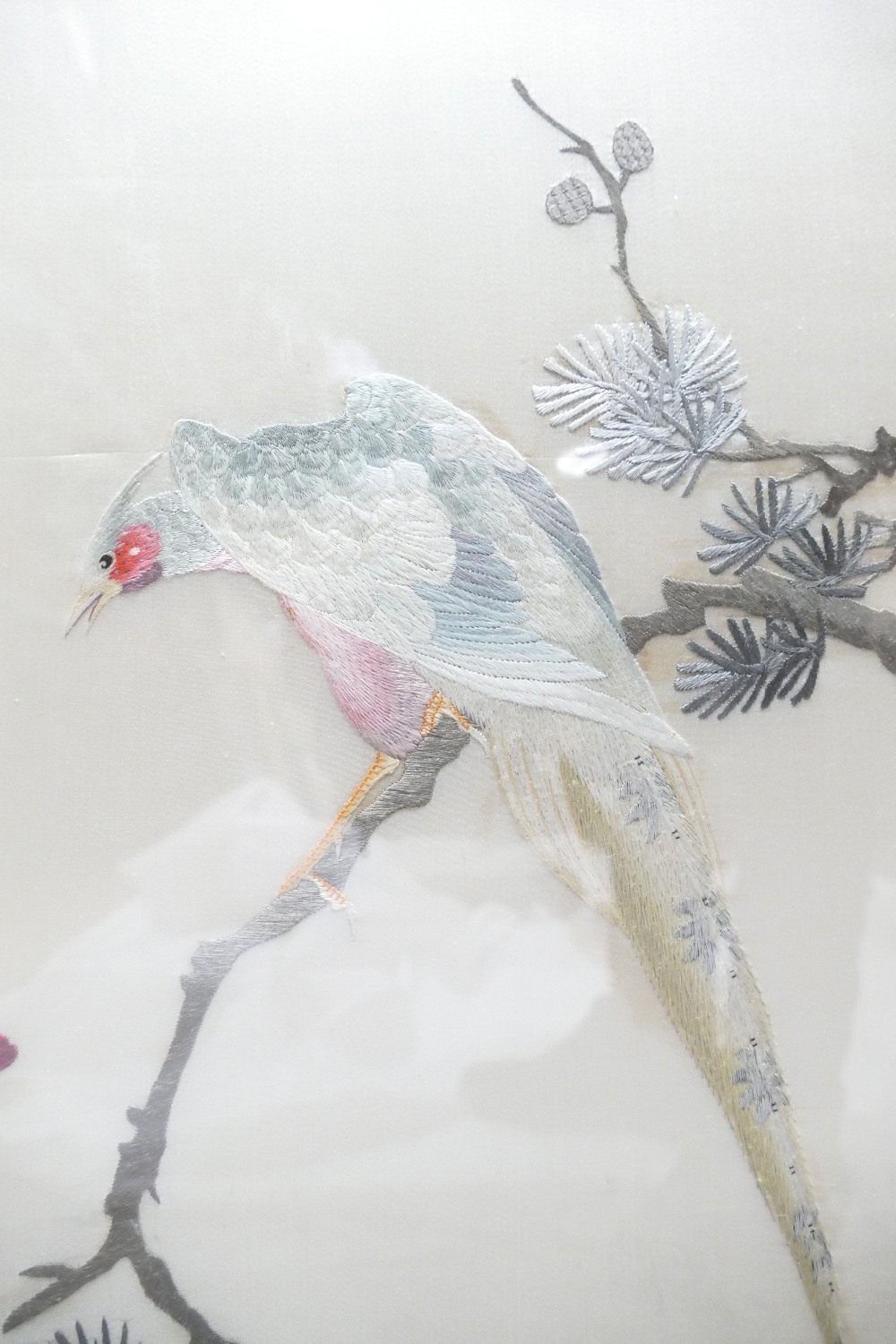 Chinese silk embroided picture of a bird on branch and foliage in gilt frame, - Image 3 of 4