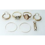9ct gold earrings, 9ct gold gents ring, 9ct Cameo ring etc., 7.9 grams.