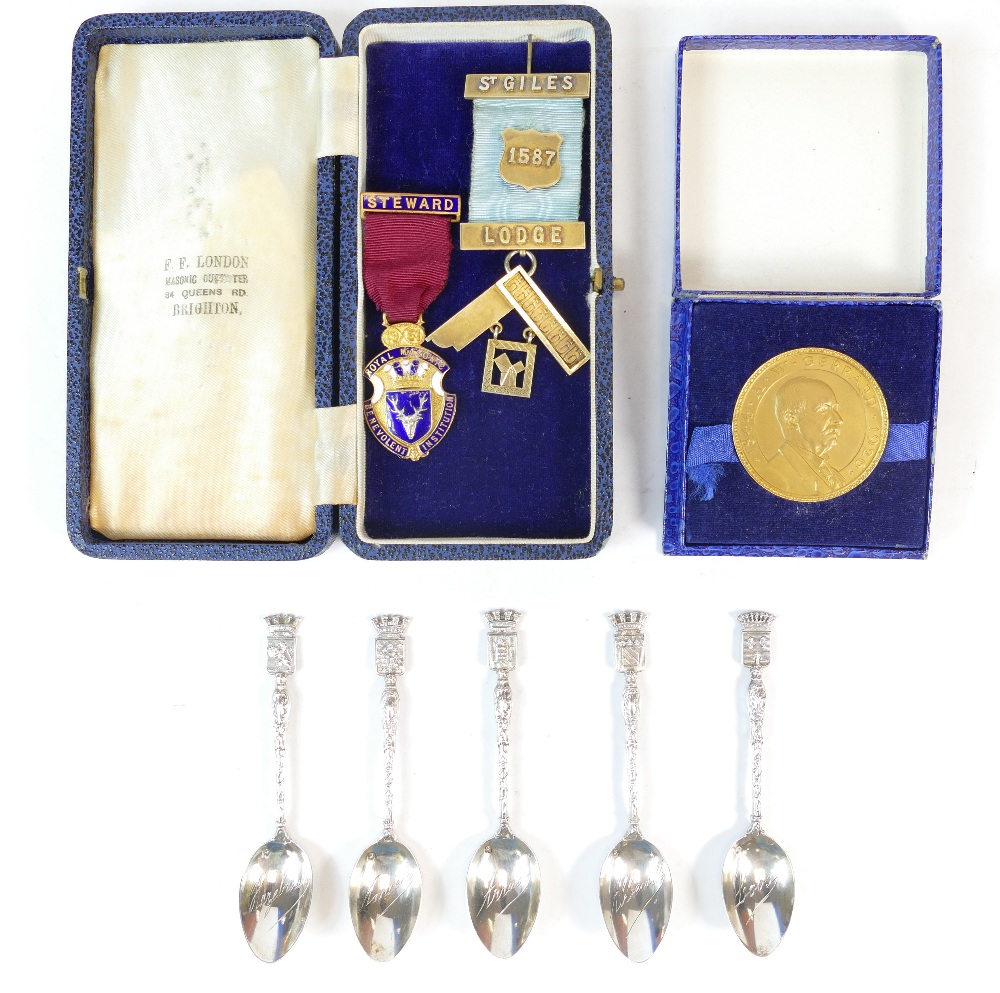 Group of silver items - 5 French silver spoons, a medallion for pharmacy and a Masonic Jewel, - Image 2 of 3