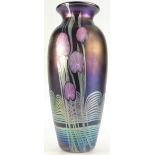 Okra art glass vase decorated with iridescent floral design, height 34.