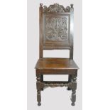 17th century oak hall chair, carved panel, some slight issues.
