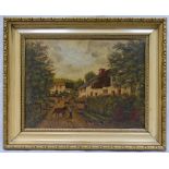 W R Jones, oil painting on canvas of man with horses in street in gilt frame, 40 x 30cm.