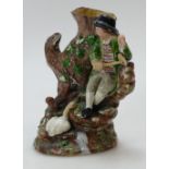 19th Century Staffordshire spill vase of a man seated in a tree with a fox & duck, height 16.