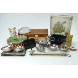 A collection of vintage items including silver dishes and serviette rings, silver weight 141 grams,