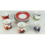 Set of 6 Wedgwood Clarice Ciff coffee cans and saucers decorated with various bizzare scenes (6)