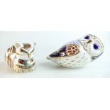 Royal Crown Derby paperweights Contented Cat and Tawny Owl, both gold stoppers and boxed (2).