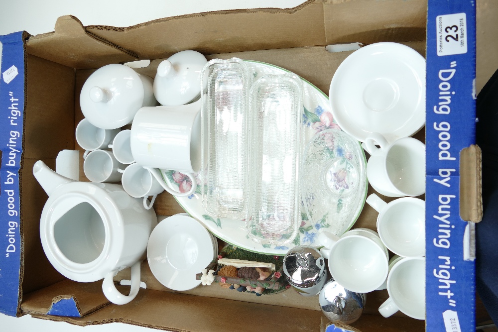 A collection of various Royal Worcester white coffee and dinnerware, Doulton platter, glassware etc.