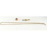 9ct gold bar brooch set with seed pearls, Victorian 9ct gold necklace and stud, 8.5 grams (3).
