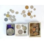 A collection of old coins including bronze Roman coin, silver 1890 crown,