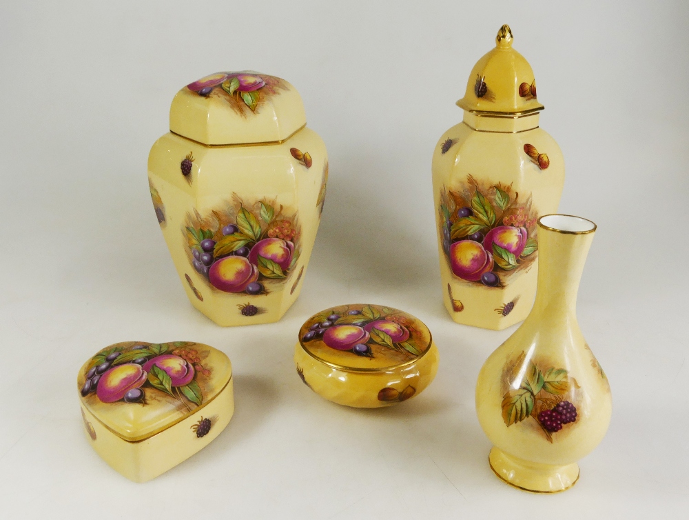 A collection of Aynsley Orchard Gold including a pair of hexagonal vases & covers,