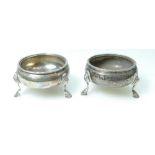 Pair George III silver circular Salts, London 1783. Weight 92.5g. Measuring 6.75cm x 3.5cm high.