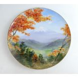 Noritake charger 35cm. Hand painted and signed by artist K Shinoki. Depicting Mount Fuji.