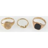 3 x 9ct gold rings, one set hardstone. Gross weight 12.7g.