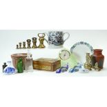 A collection of items including graduated set of five brass weights 1lb down to half ounce,