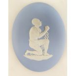 Wedgwood oval blue Jasperware medallion made to celebrate the abolishment of slavery, height 11cm.