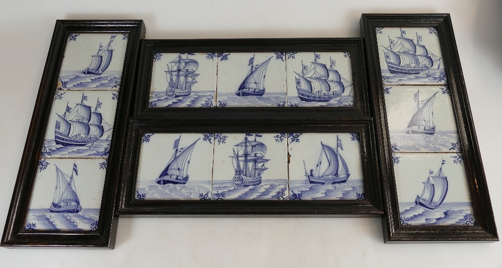 Delft tiles - four framed groups each of three tiles 13cm x 13cm (12)